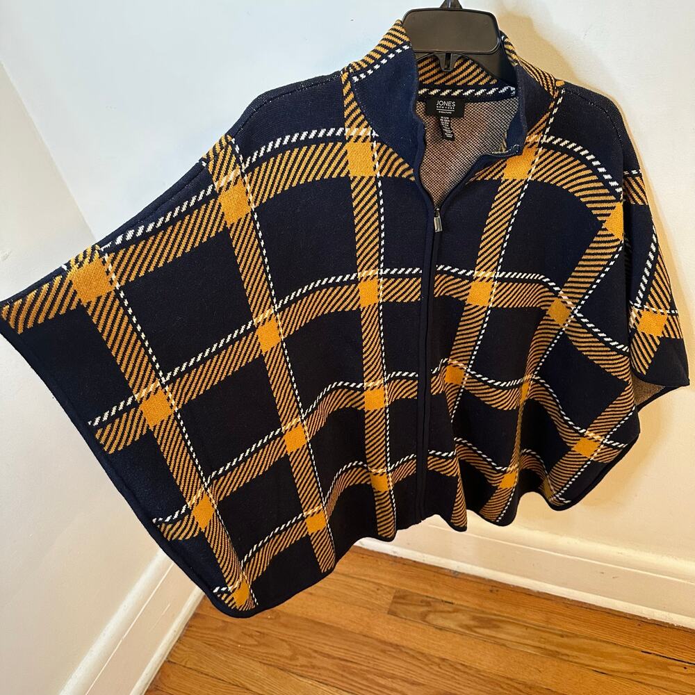 Jones New York Full Zip Check Plaid Mock Neck Poncho Cape, Size Medium Cabincore
